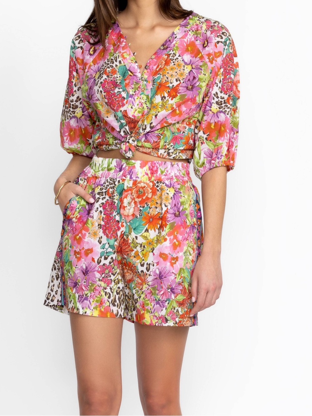 Johnny Was Two-Piece Set Puff Sleeve Top + Shorts 100% Cotton Wild Garden Floral